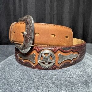 Justin Boots Two-Tone Leather Belt with Silver Star Accents